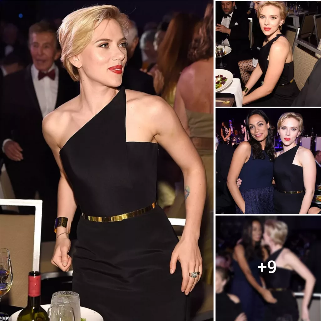 “Fiery Elegance: Scarlett Johansson’s Stunning Black Dress and Bold Red Lips at Tony Bennett Tribute Hosted by the Friars Club”