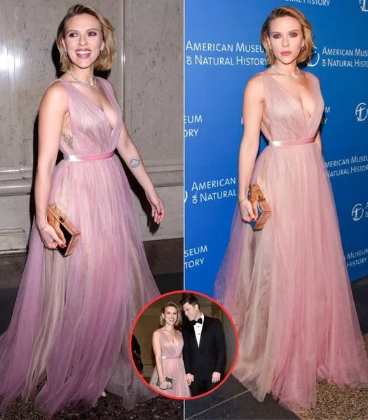 Scarlett Johansson showcases stunning back tattoo in low-cut gown at glamorous red carpet appearance with SNL star Colin Jost